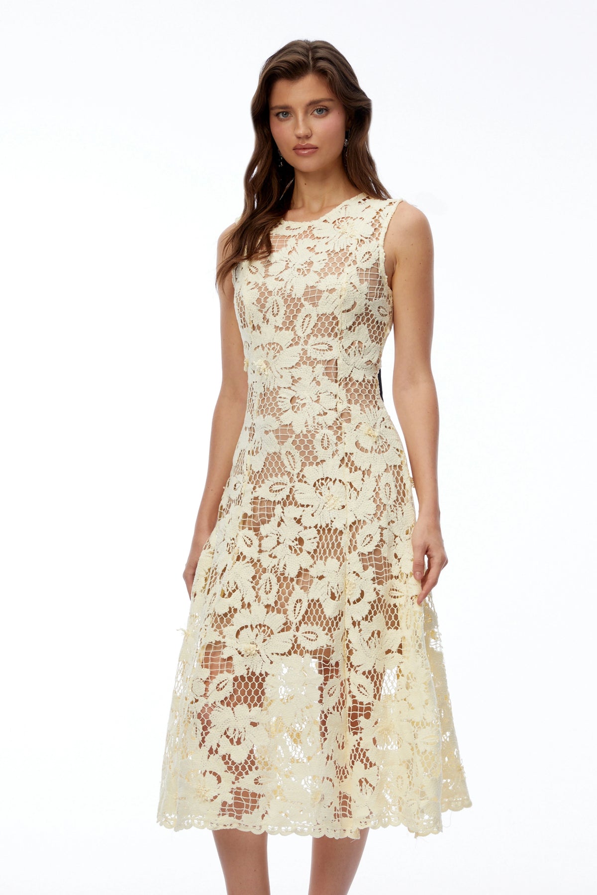 Xenia Pale Yellow Round Neck Floral Lace Midi Dress