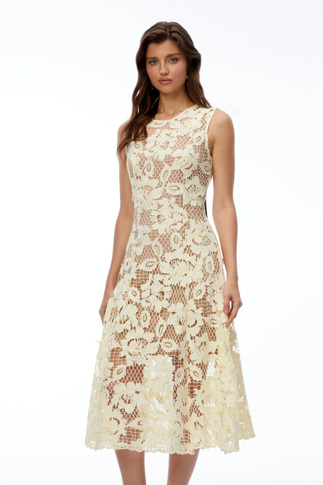 Xenia Pale Yellow Round Neck Floral Lace Midi Dress