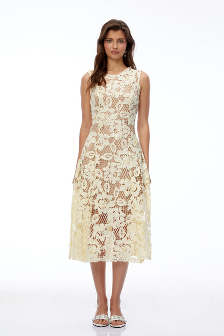 Mariarosa Midi Dress Pale Yellow Round Neck Floral Lace