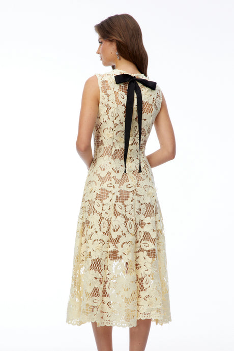 Mariarosa Midi Dress Pale Yellow Round Neck Floral Lace
