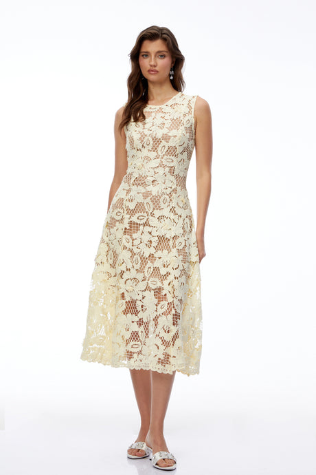 Mariarosa Midi Dress Pale Yellow Round Neck Floral Lace