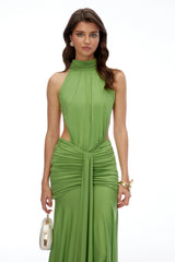 Xia Green Turtleneck Ruched Maxi Dress with CutOuts