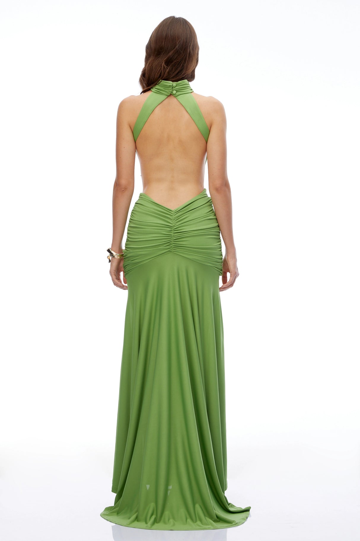 Xia Green Turtleneck Ruched Maxi Dress with CutOuts