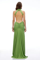 Xia Green Turtleneck Ruched Maxi Dress with CutOuts