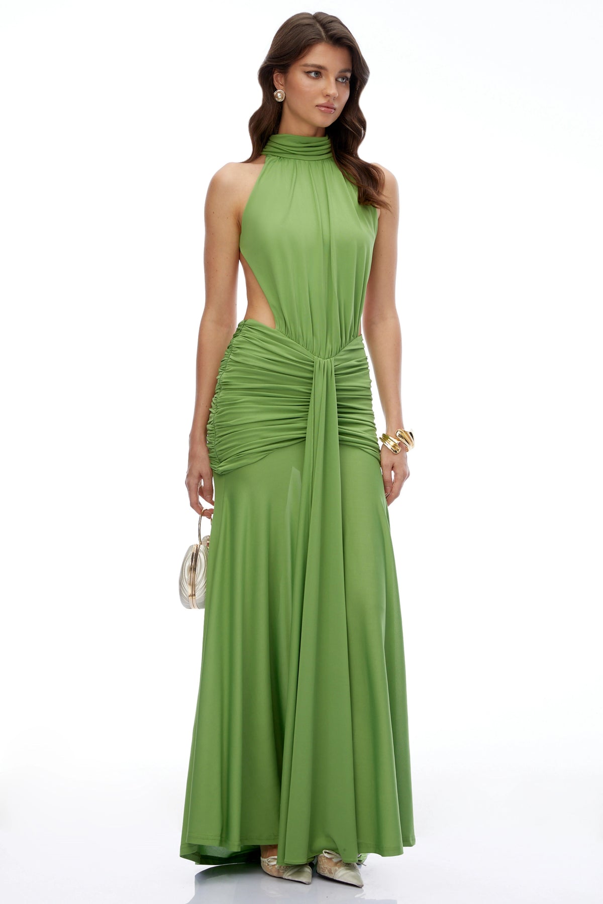 Xia Green Turtleneck Ruched Maxi Dress with CutOuts