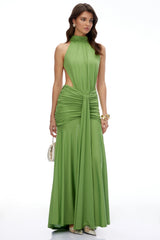 Xia Green Turtleneck Ruched Maxi Dress with CutOuts
