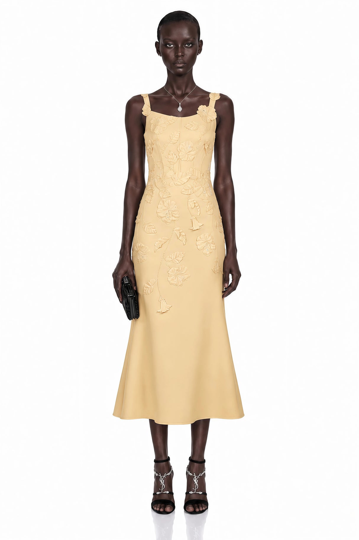 Ximena Yellow Floral Applique Fishtail Midi Dress