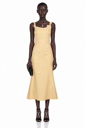 Ximena Yellow Floral Applique Fishtail Midi Dress