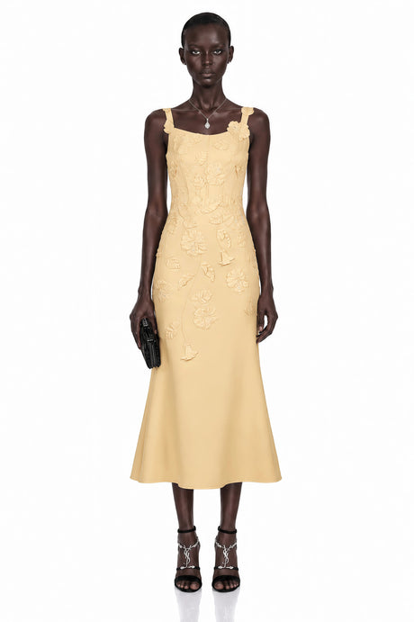 Fiona Midi Dress Yellow Floral Applique Fishtail