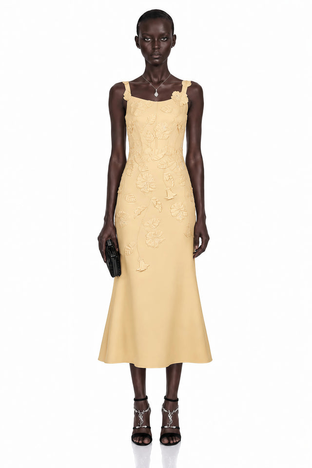 Ximena Yellow Floral Applique Fishtail Midi Dress