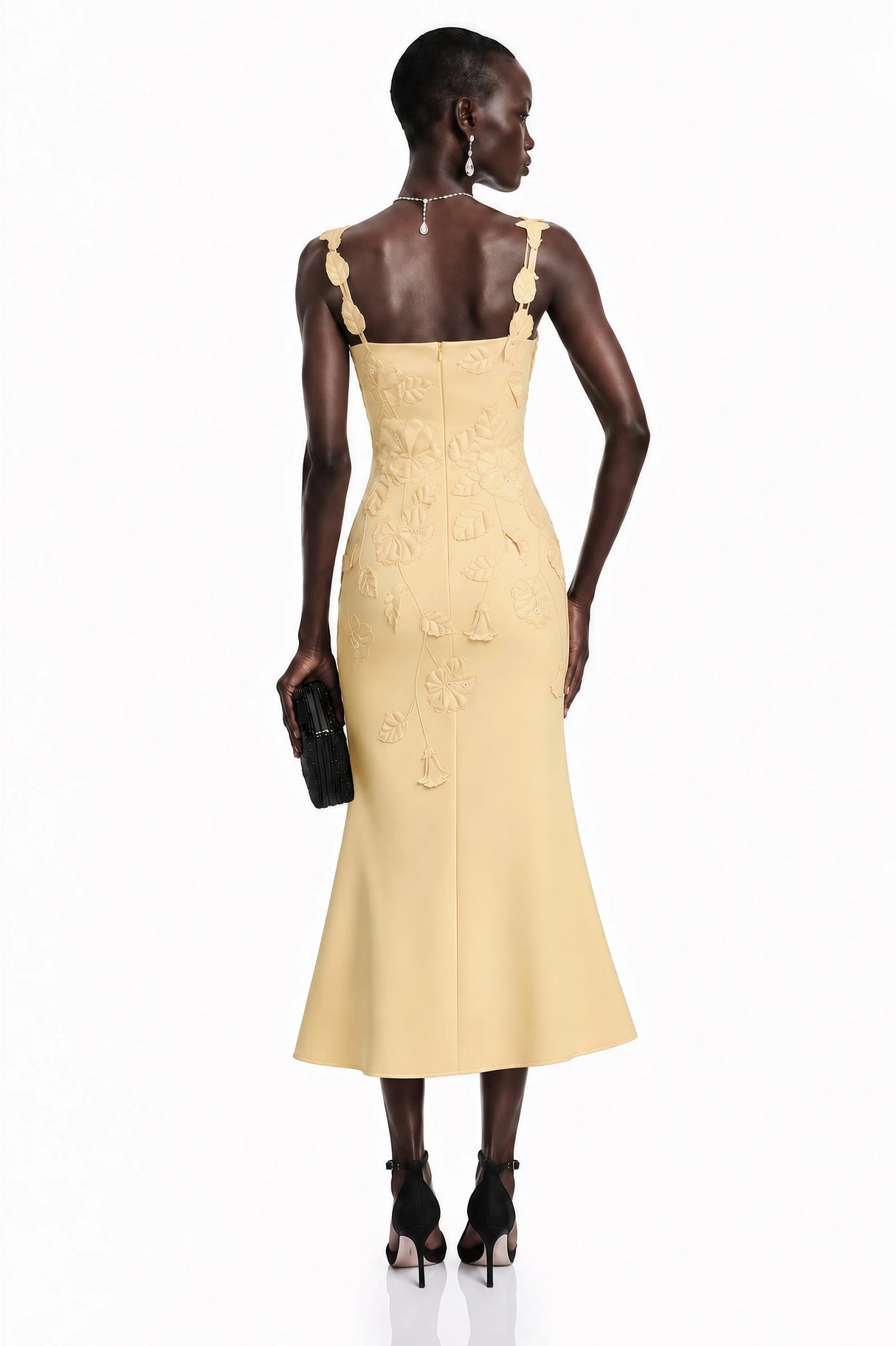 Ximena Yellow Floral Applique Fishtail Midi Dress