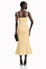 Ximena Yellow Floral Applique Fishtail Midi Dress