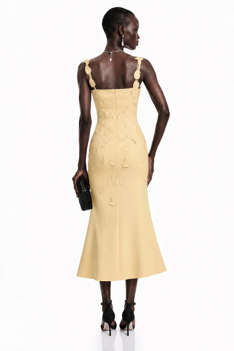 Fiona Midi Dress Yellow Floral Applique Fishtail