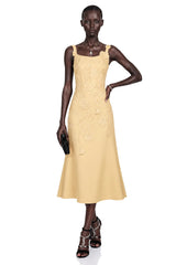 Ximena Yellow Floral Applique Fishtail Midi Dress