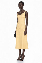 Ximena Yellow Floral Applique Fishtail Midi Dress