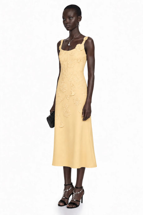 Fiona Midi Dress Yellow Floral Applique Fishtail