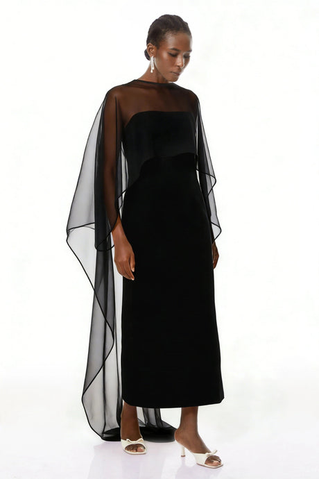 Savanna Maxi Dress Black Cape Design Satin