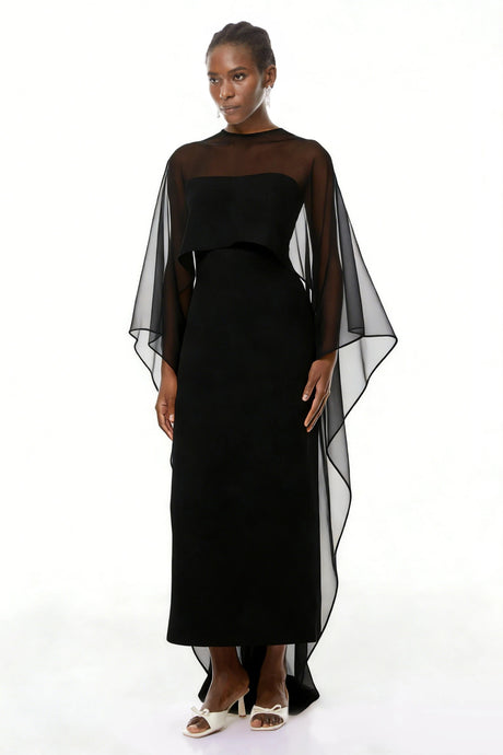Savanna Maxi Dress Black Cape Design Satin