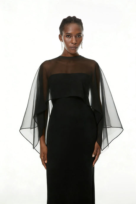 Savanna Maxi Dress Black Cape Design Satin