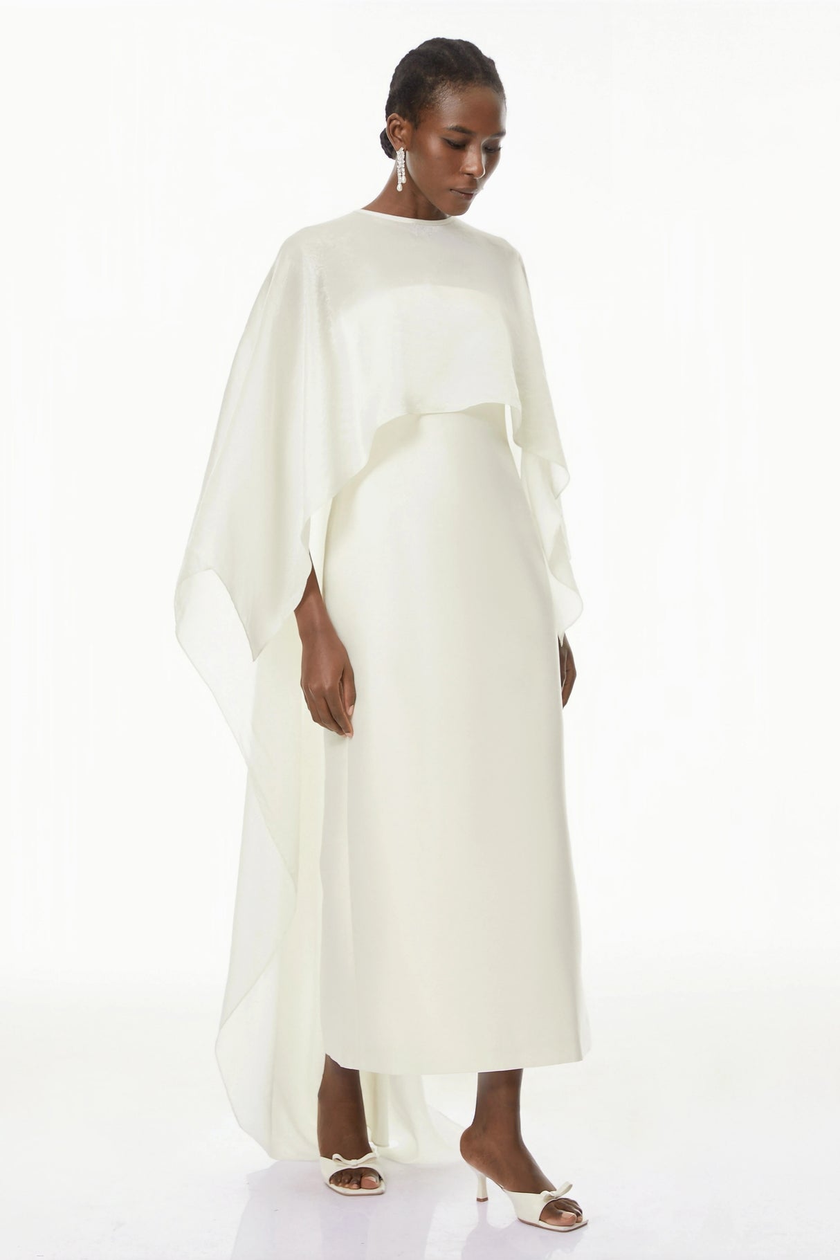 Xiomara White Cape Design Satin Maxi Dress