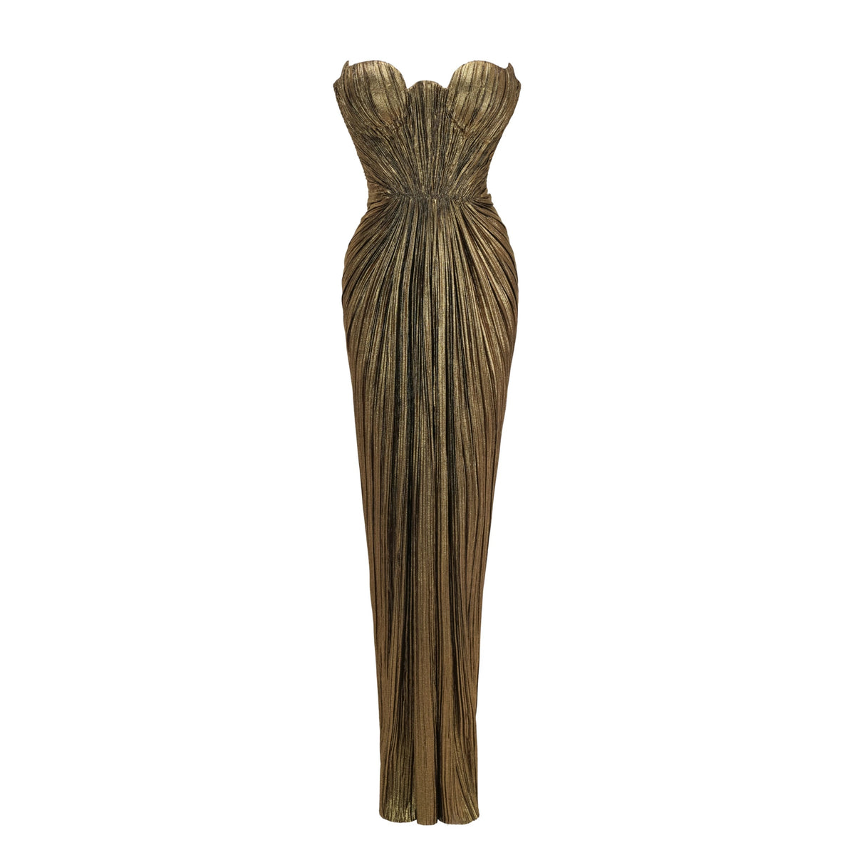 Xrystyna Gold Metallic Ruched Maxi Dress