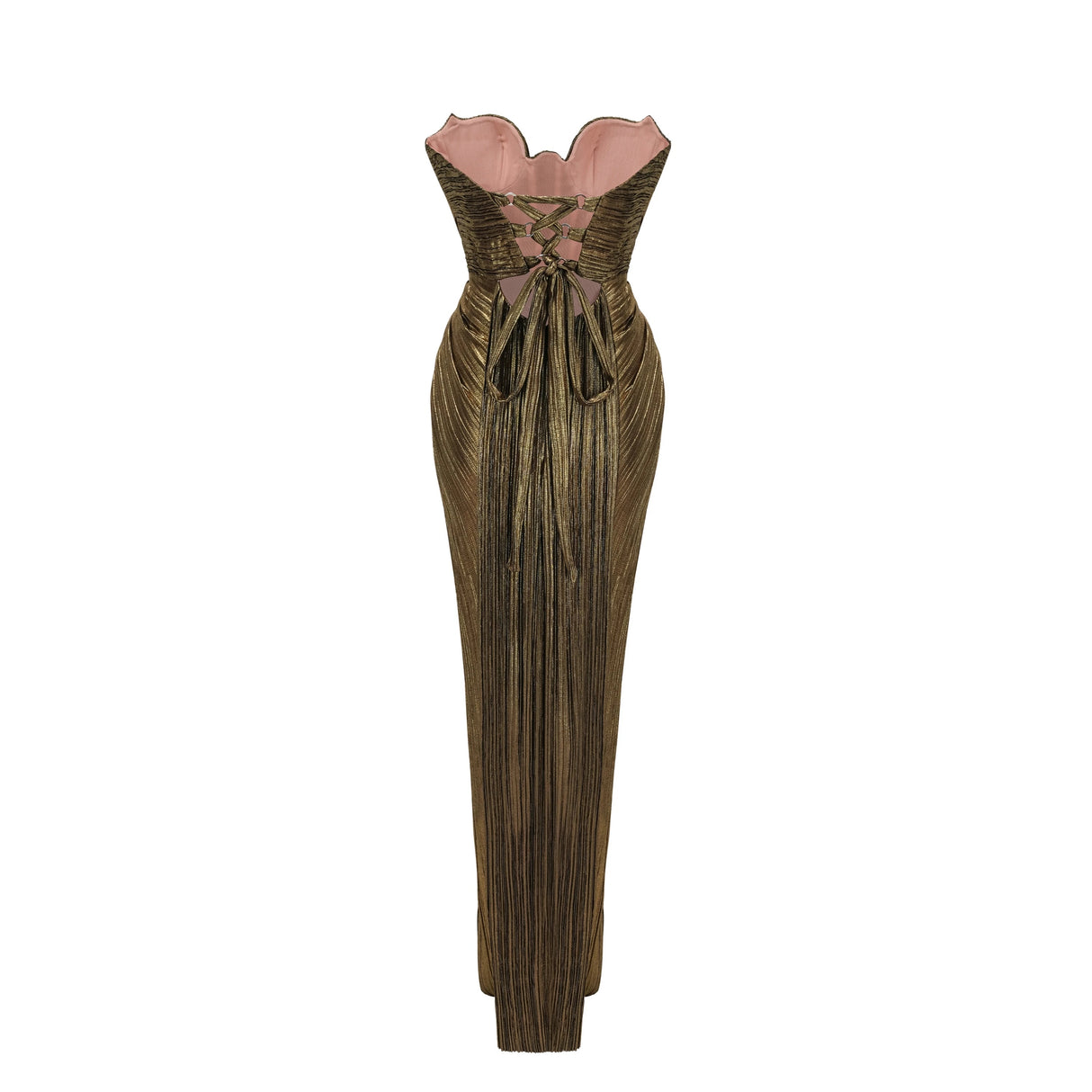Xrystyna Gold Metallic Ruched Maxi Dress