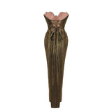 Xrystyna Gold Metallic Ruched Maxi Dress