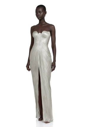 Xrystyna Silver Metallic Ruched Maxi Dress