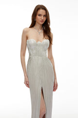 Xrystyna Silver Metallic Ruched Maxi Dress