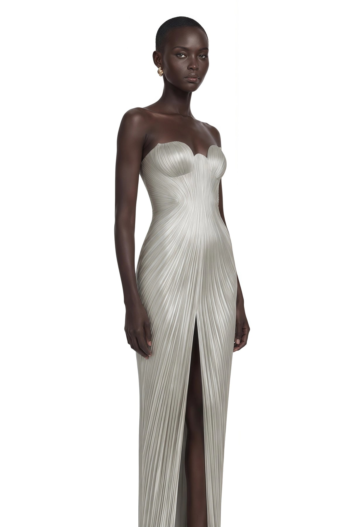 Xrystyna Silver Metallic Ruched Maxi Dress
