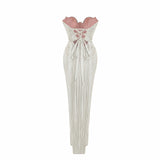 Xrystyna Silver Metallic Ruched Maxi Dress