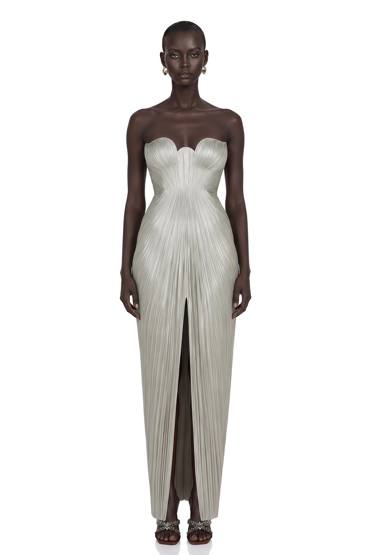 Xrystyna Silver Metallic Ruched Maxi Dress