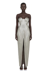 Xrystyna Silver Metallic Ruched Maxi Dress