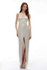 Xrystyna Silver Metallic Ruched Maxi Dress