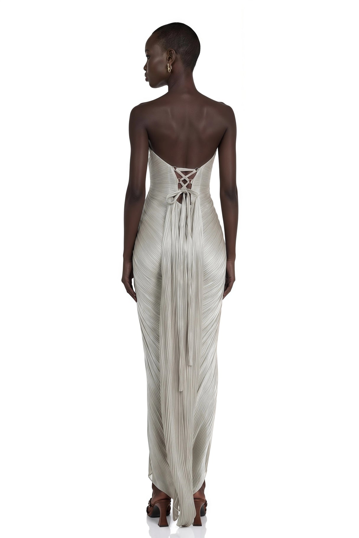 Xrystyna Silver Metallic Ruched Maxi Dress