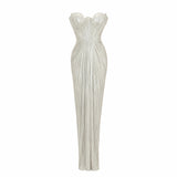 Xrystyna Silver Metallic Ruched Maxi Dress