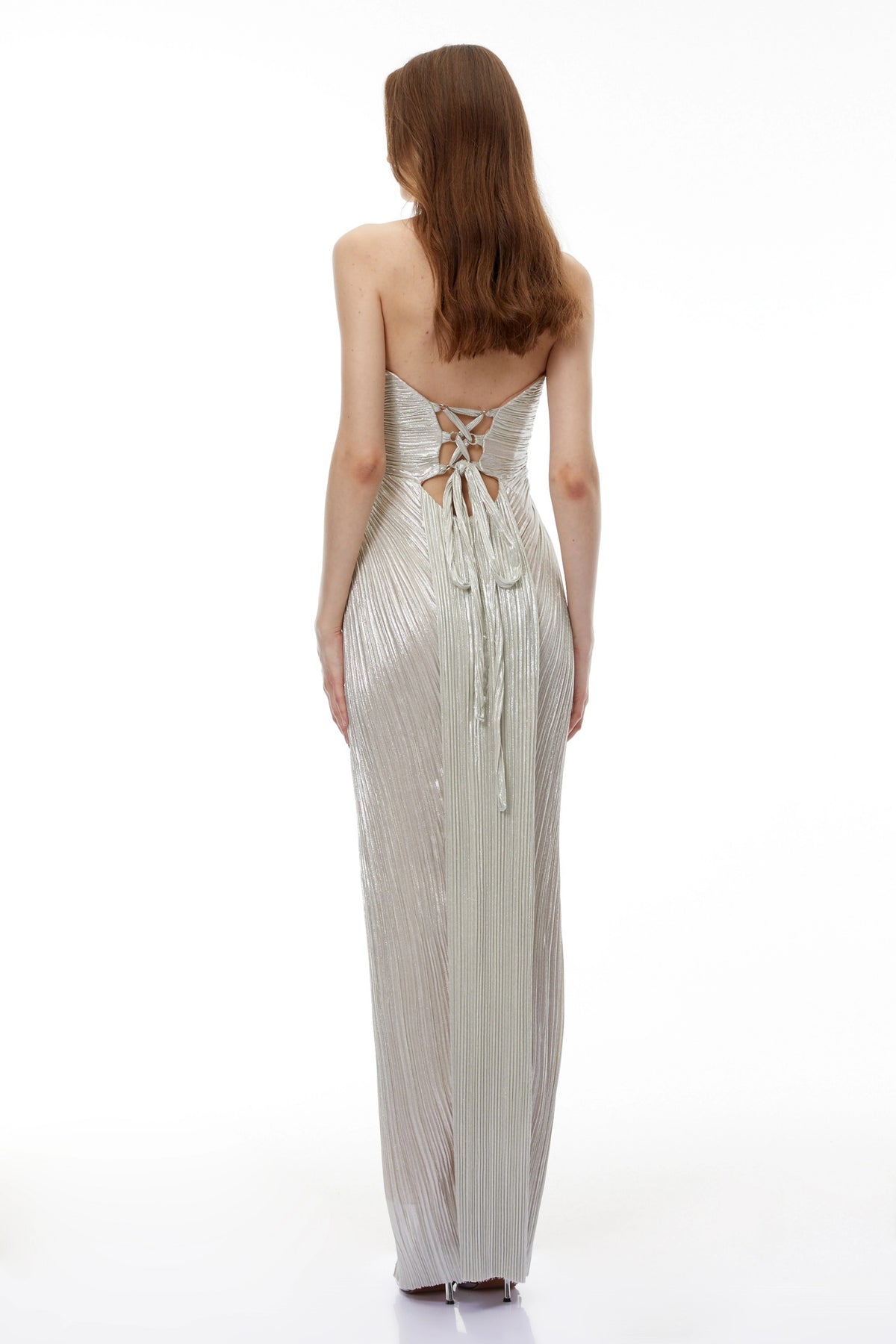 Xrystyna Silver Metallic Ruched Maxi Dress