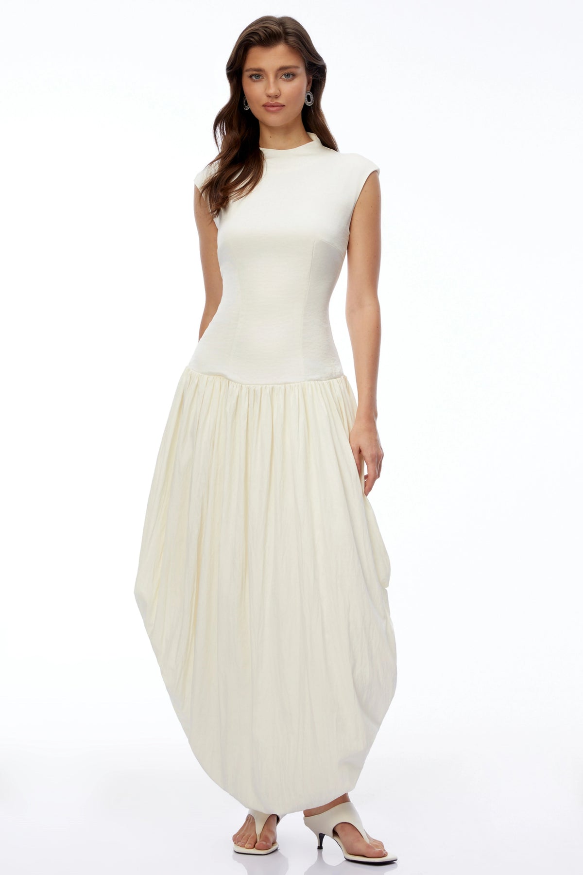 Xyla Ivory White Ruched Maxi Dress with Asymmetrical Hem