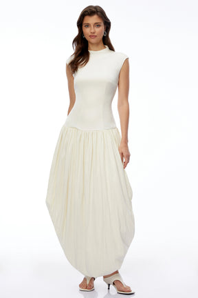 Xyla Ivory White Ruched Maxi Dress with Asymmetrical Hem