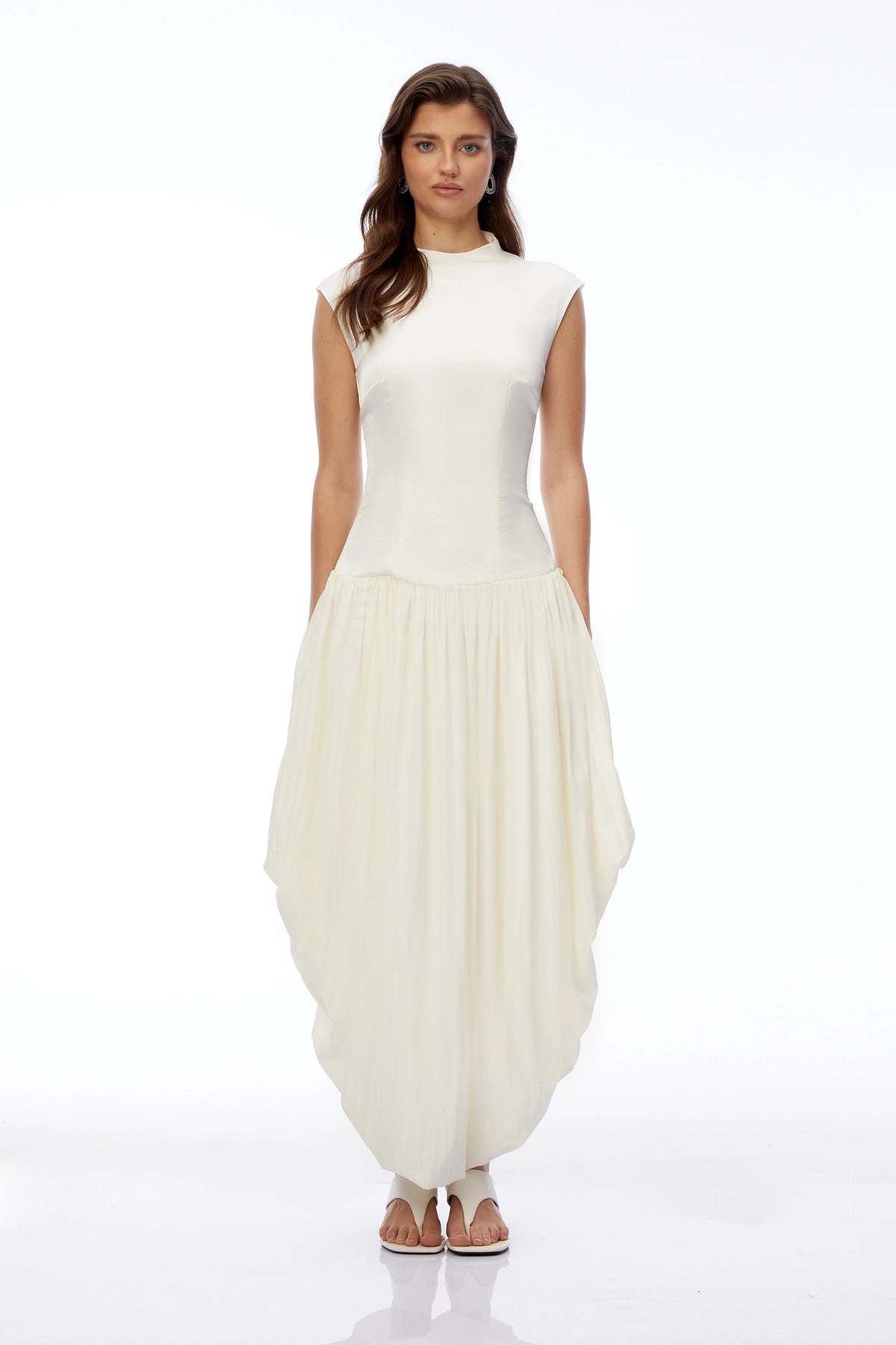 Xyla Ivory White Ruched Maxi Dress with Asymmetrical Hem