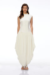Xyla Ivory White Ruched Maxi Dress with Asymmetrical Hem