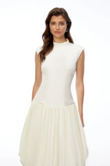 Xyla Ivory White Ruched Maxi Dress with Asymmetrical Hem