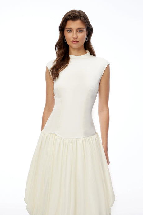 Beata Maxi Dress Ivory White Ruched with Asymmetrical Hem