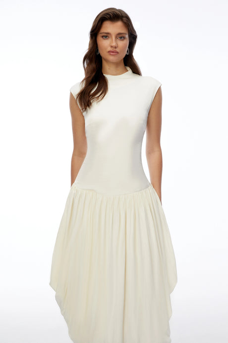 Beata Maxi Dress Ivory White Ruched with Asymmetrical Hem