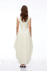 Xyla Ivory White Ruched Maxi Dress with Asymmetrical Hem
