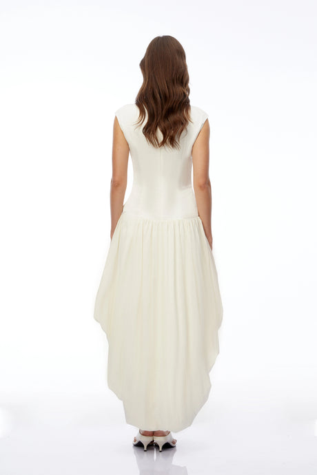Beata Maxi Dress Ivory White Ruched with Asymmetrical Hem