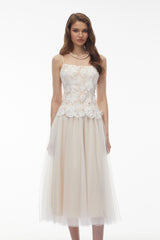 Yael White Lace Panel Tulle Midi Dress