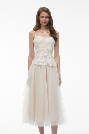 Yael White Lace Panel Tulle Midi Dress