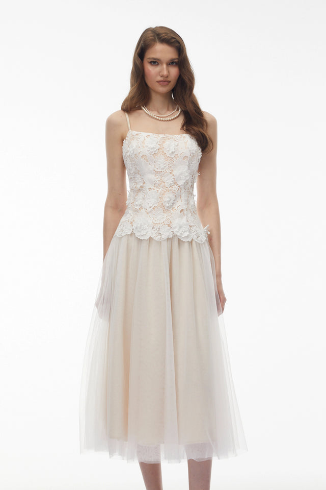 Yael White Lace Panel Tulle Midi Dress