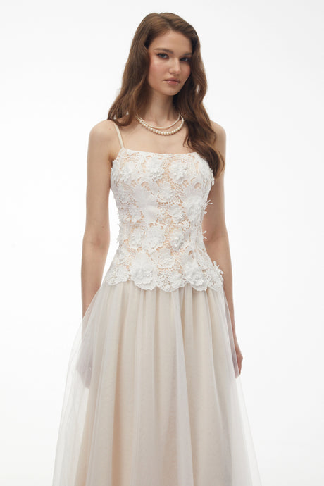 Silvestra Midi Dress White Lace Panel Tulle
